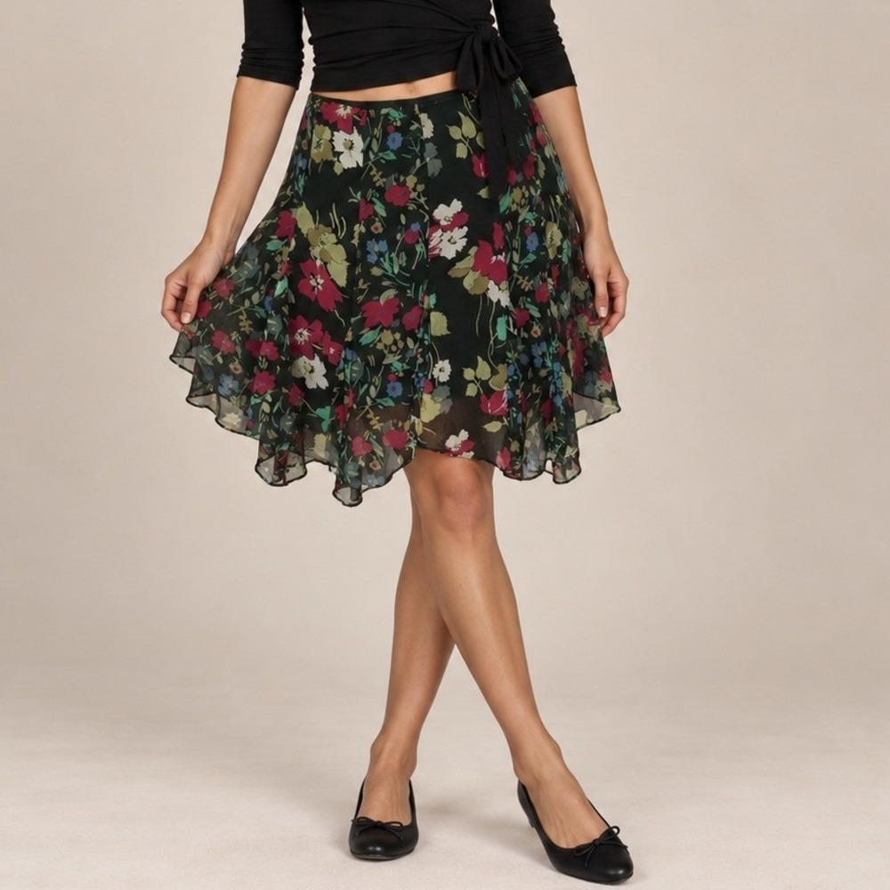 Ralph Lauren Black Whimsy Floral Chiffon Handkerchief Hem Mini Skirt Vintage 10